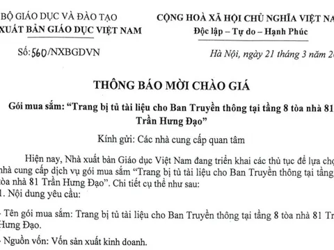 Nhà Xuất Bản Giáo Dục Việt Nam thông báo mời chào giá