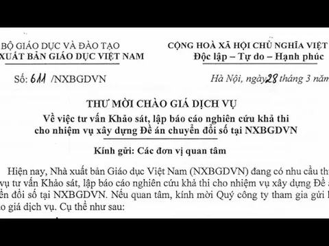 Thư mời chào giá dịch vụ về việc tư vấn Khảo sát, lập báo cáo nghiên cứu khả thi cho nhiệm vụ xây dựng Đề án chuyển đổi số tại NXBGDVN