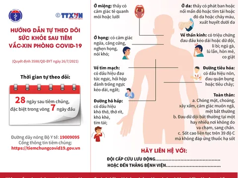 Hướng dẫn người đi tiêm vắc-xin Covid-19 tự theo dõi sức khỏe sau tiêm chủng